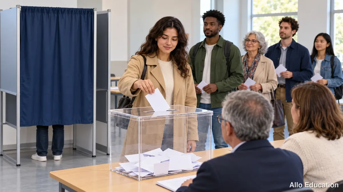 Illustration d’un bureau de vote : une femme glisse un bulletin dans une urne transparente, devant des assesseurs ; un isoloir est placé à gauche.