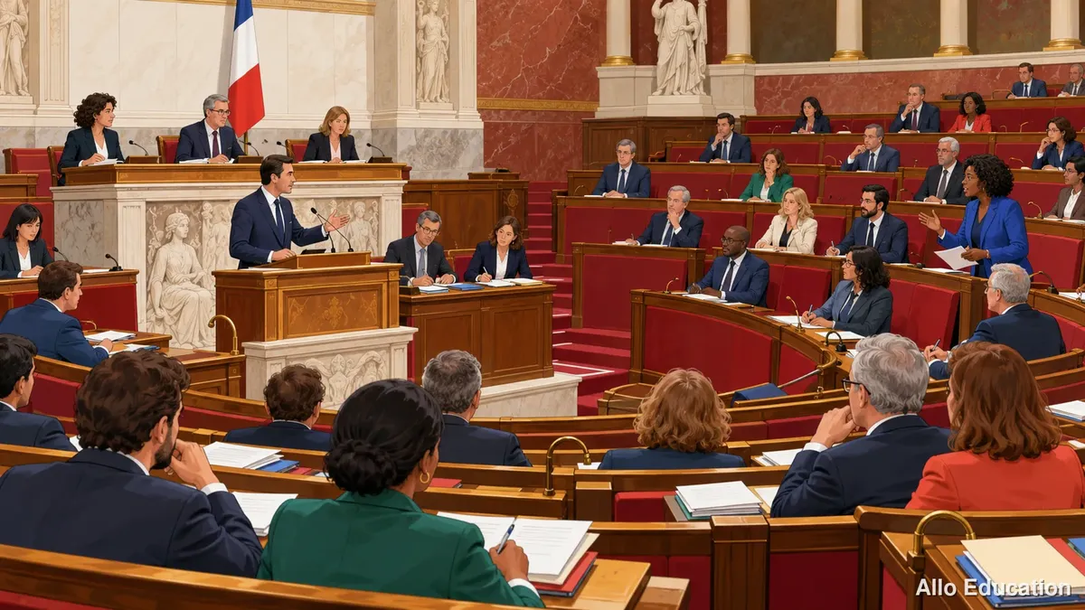 Illustration d’un hémicycle : une personne parle à la tribune, face aux élus assis sur des bancs rouges.