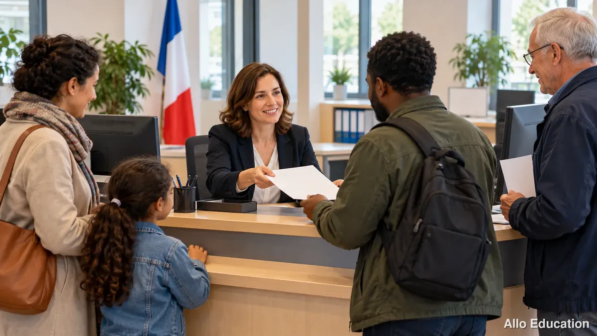 Illustration d’une agente derrière un comptoir, face à plusieurs adultes et une enfant ; un drapeau français se trouve derrière elle.