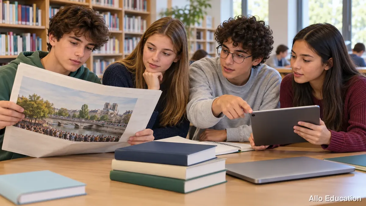 Illustration de quatre adolescents autour d’une table avec un journal, une tablette, un téléphone et des livres.