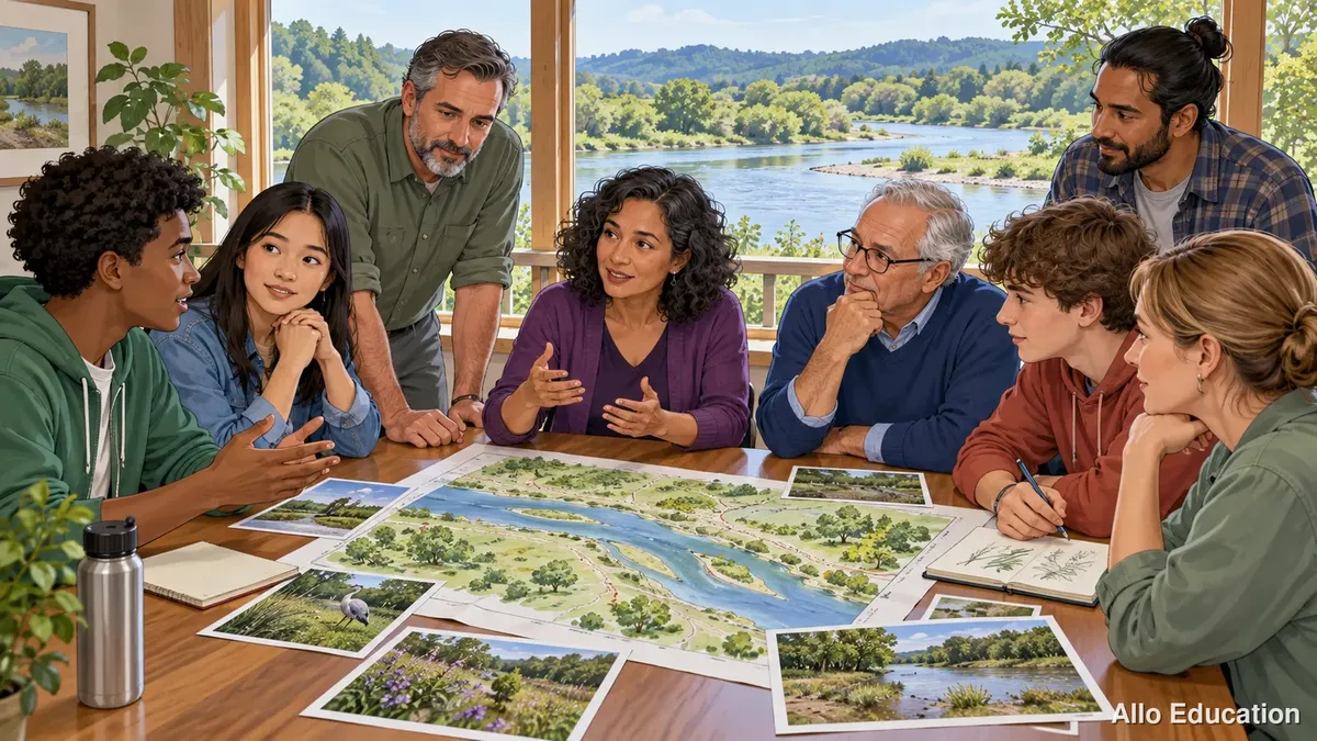Illustration d’un groupe réuni autour d’une table : les participants discutent à partir de photographies d’un paysage.