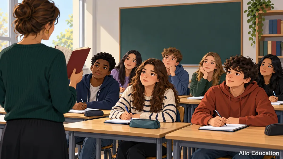 Une classe écoute une enseignante qui lit un texte, élèves écrivant sur des cahiers, sans texte lisible ni symbole de notation.