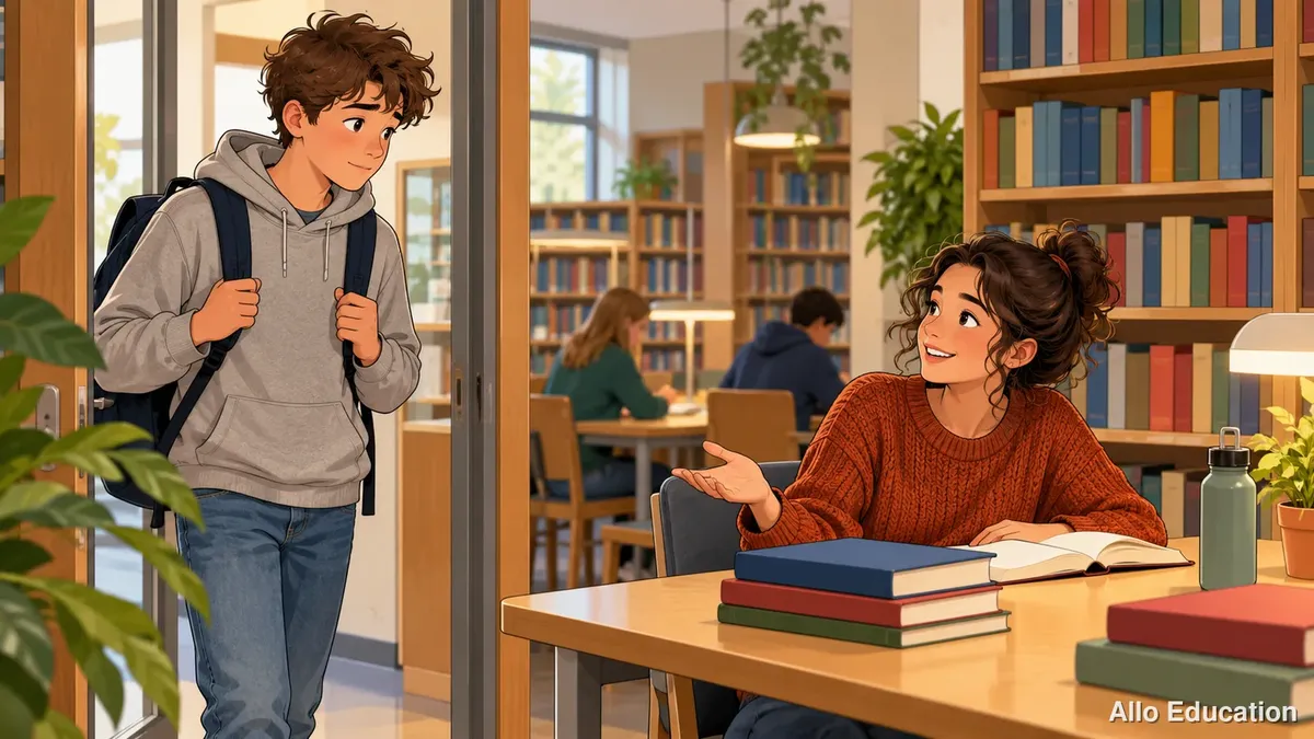 Un adolescent hésite à entrer dans une bibliothèque puis échange avec une lectrice accueillante, scène chaleureuse sans texte lisible.