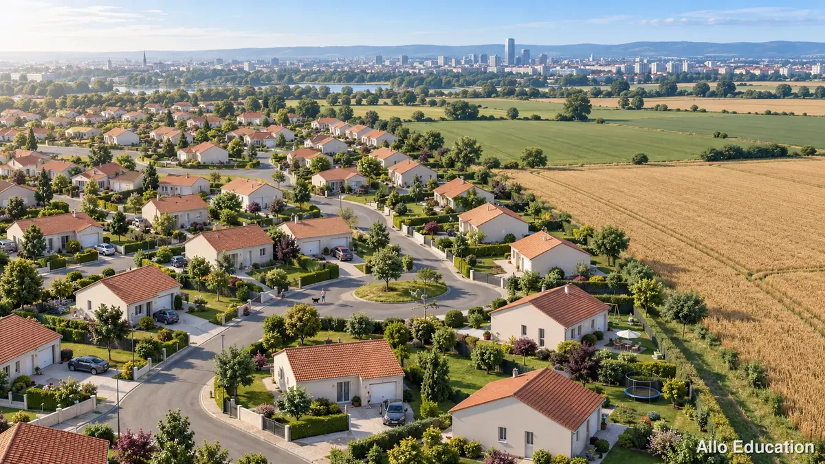 Vue aérienne d’un lotissement de maisons identiques avec jardins, au contact de champs cultivés, une ville au loin.