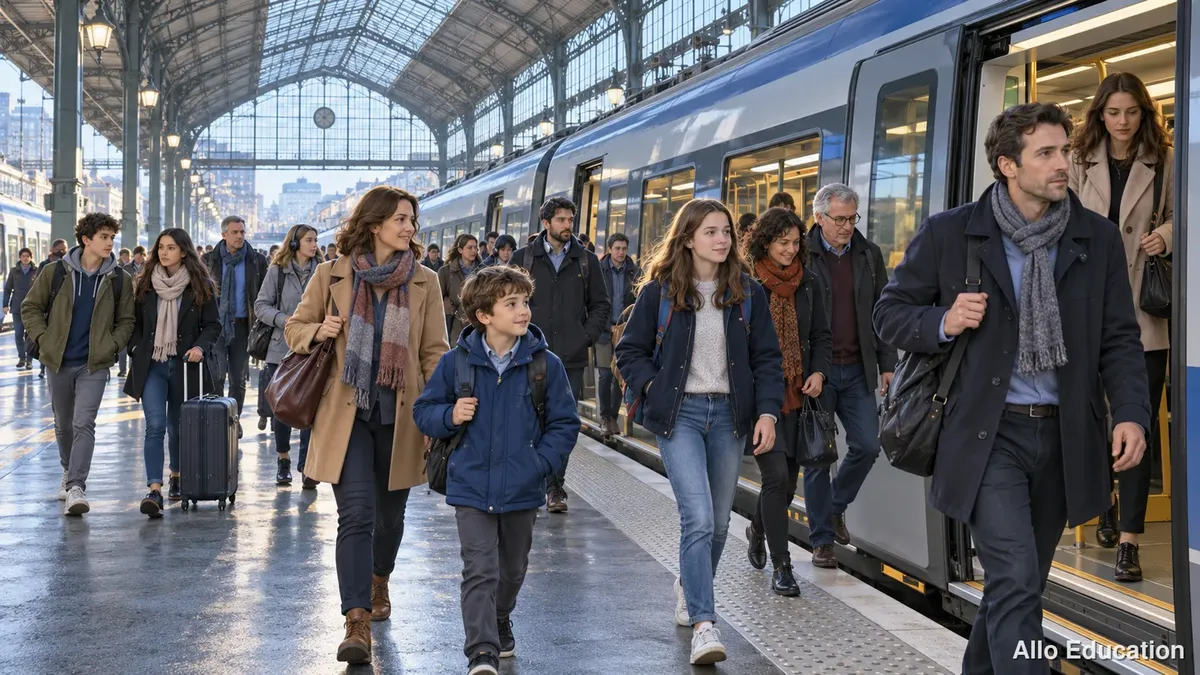 Des voyageurs descendent d’un train régional sur un quai couvert d’une verrière, tôt le matin.