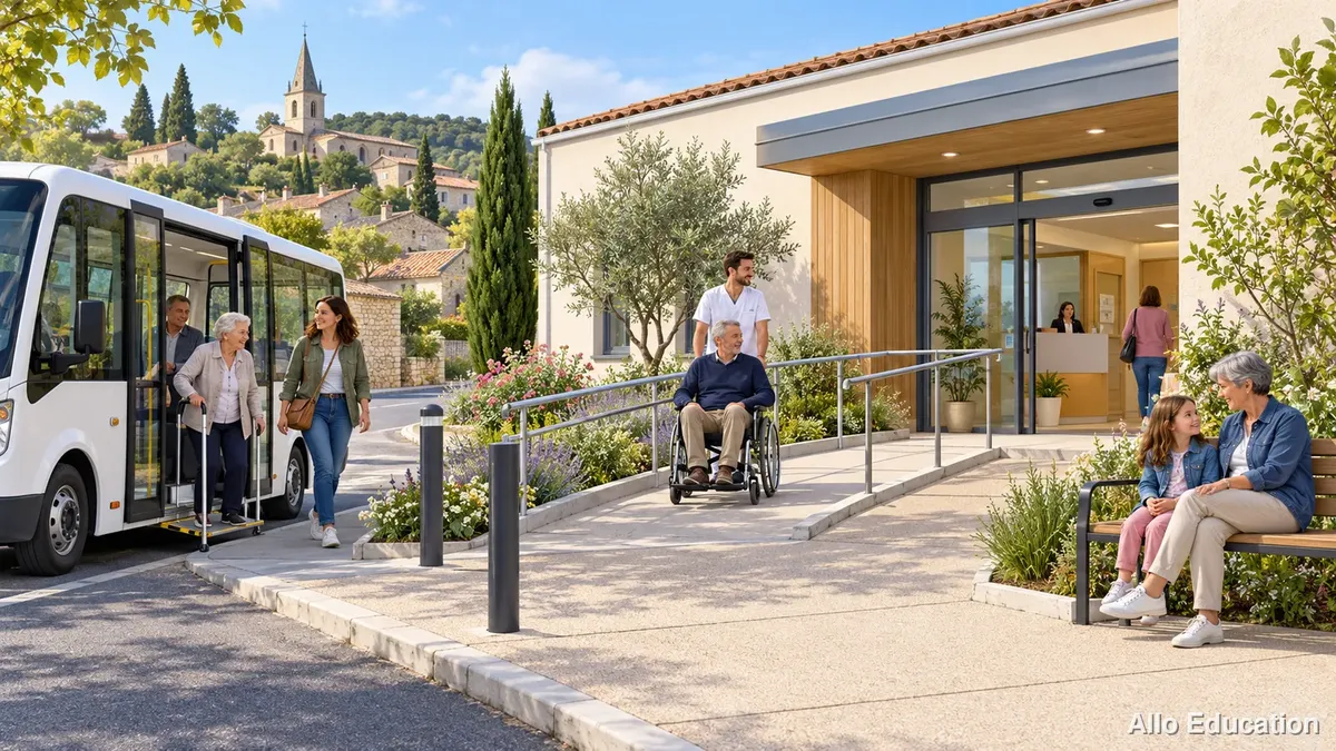 Illustration d’un bâtiment de santé relié à un chemin avec rampe : une navette est arrêtée à gauche et un usager en fauteuil se trouve devant l’entrée.