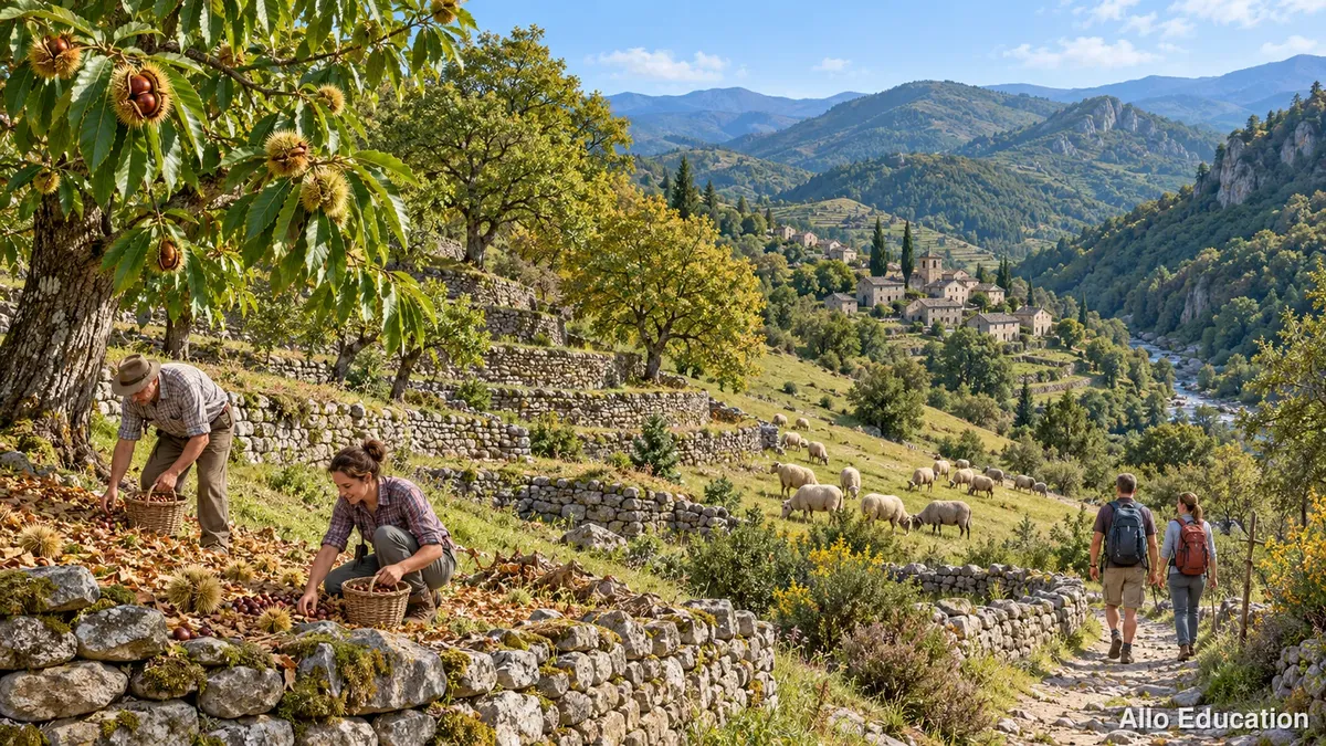 Illustration d’un paysage de montagne : des personnes travaillent sur des terrasses de pierre sous les arbres, tandis que des marcheurs suivent un sentier.