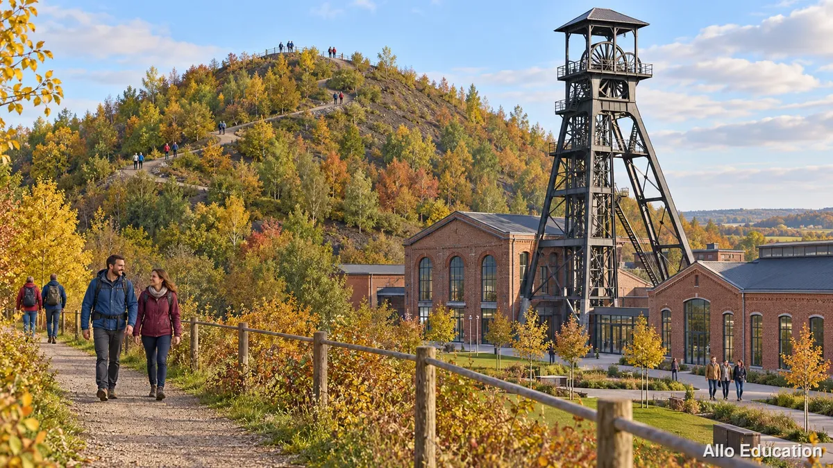 Un terril boisé avec un sentier et des promeneurs, un chevalement de mine conservé et des bâtiments de briques devenus des bureaux.