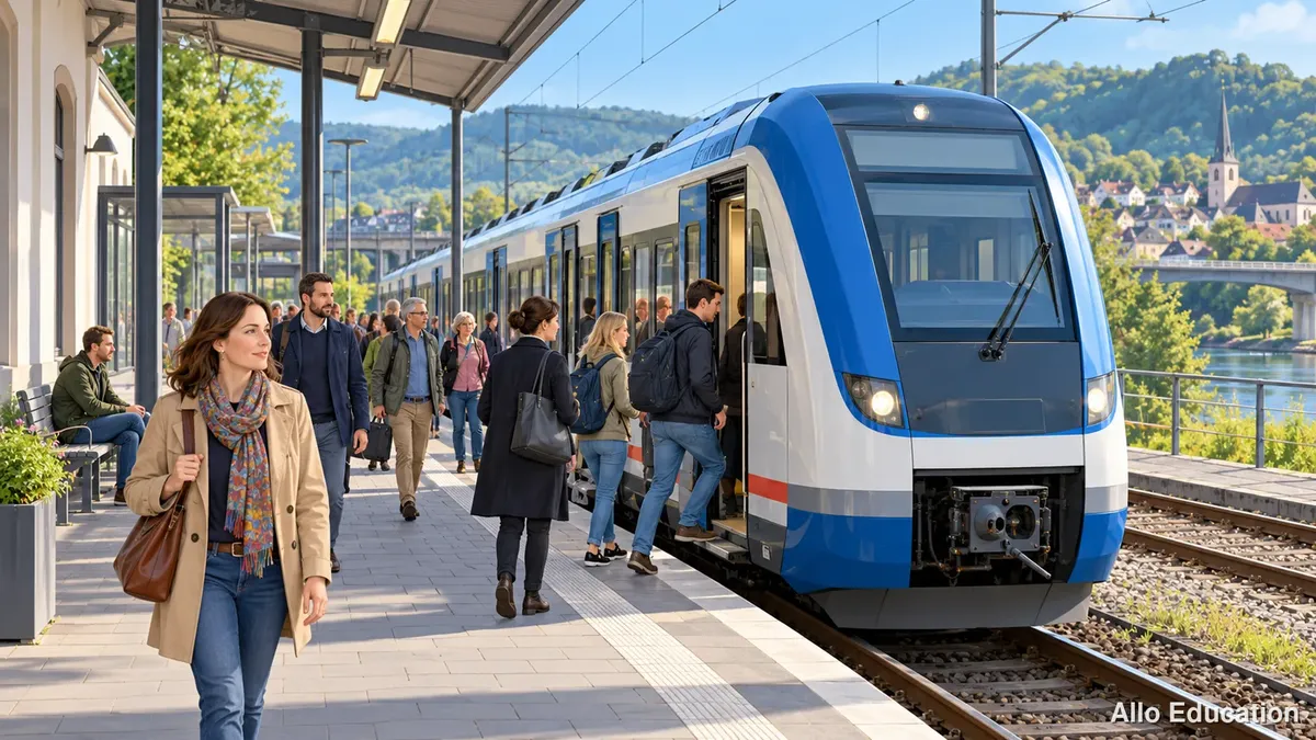 Illustration d’une gare : des voyageurs attendent ou marchent sur un quai près d’un train bleu et blanc, dans un paysage vallonné.