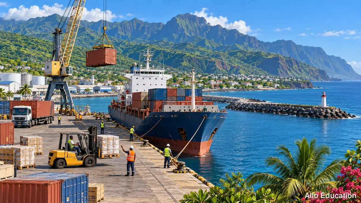 Illustration d’un port : un porte-conteneurs est amarré près de grues et de conteneurs, devant un relief montagneux verdoyant.