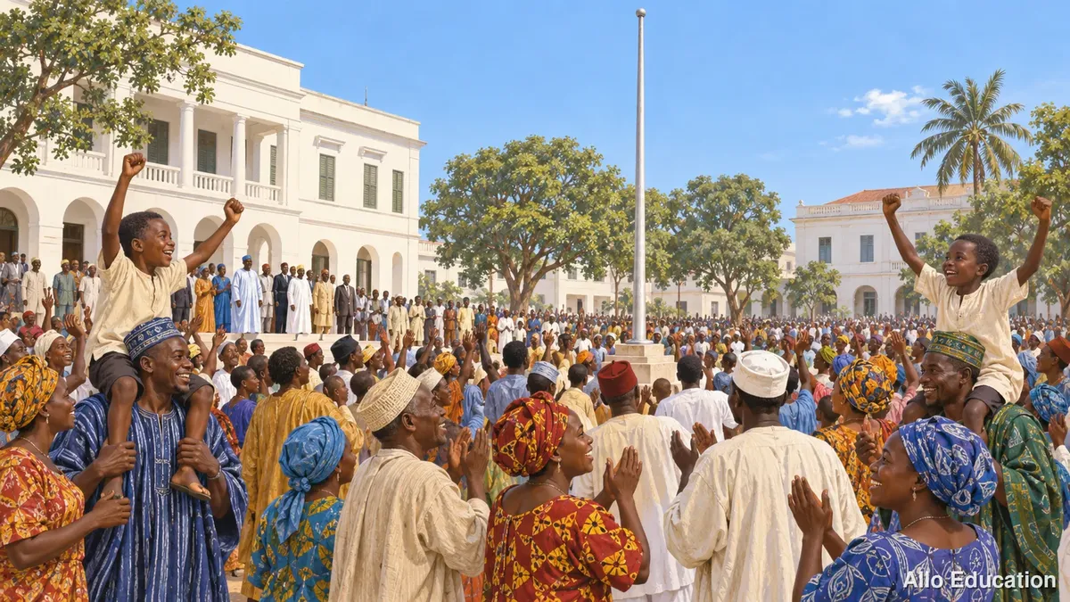 Une foule en boubous colorés entoure un mât sur une place, des enfants portés sur les épaules.