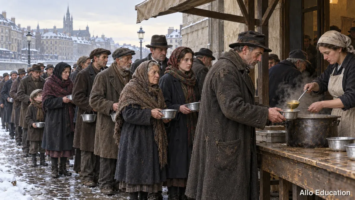 File d’hommes et de femmes en manteaux usés attendant une soupe populaire, gamelle à la main.