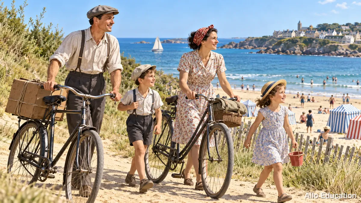 Une famille d’ouvriers arrive à bicyclette au bord de la mer, valise en carton sur le porte-bagages.