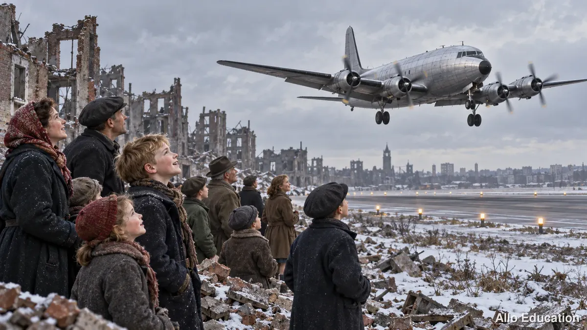 Un avion à hélices descend vers une piste ; au premier plan des habitants lèvent la tête devant des immeubles en ruine.