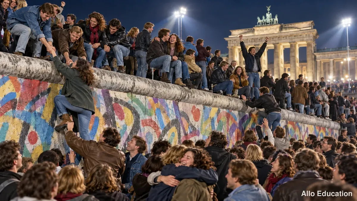 Une foule joyeuse assise et debout sur un large mur de béton couvert de graffitis, éclairée par des projecteurs.