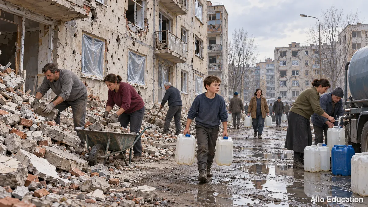 Des habitants déblaient des gravats devant des immeubles aux façades marquées, fenêtres bâchées de plastique.