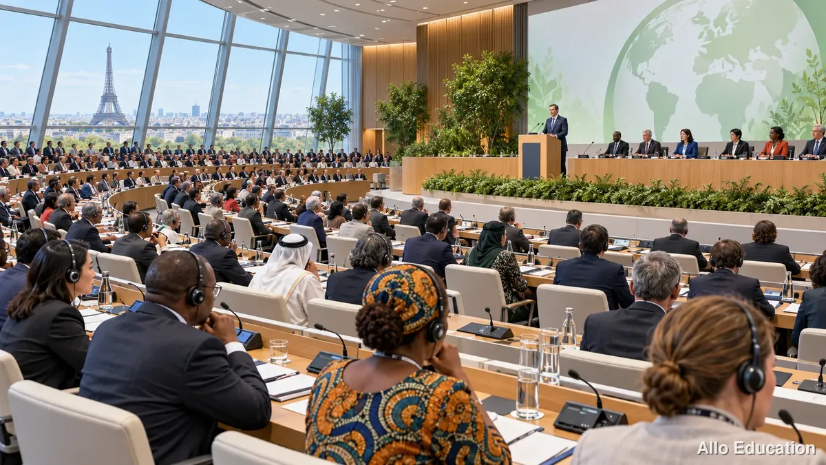 Des délégués de tous les continents siègent derrière de longs pupitres équipés de micros dans une salle en hémicycle.