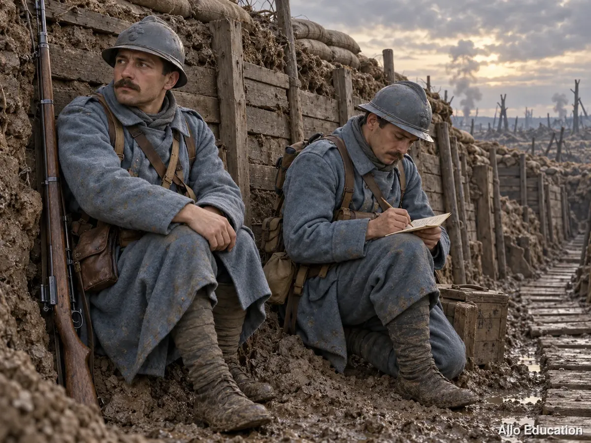 Deux soldats français en manteau bleu et casque dans une tranchée étayée de planches ; l’un écrit une lettre.