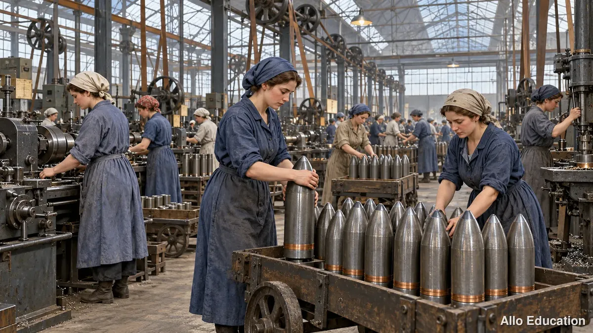 Des ouvrières en blouse rangent des obus sur des chariots dans un grand atelier vitré.