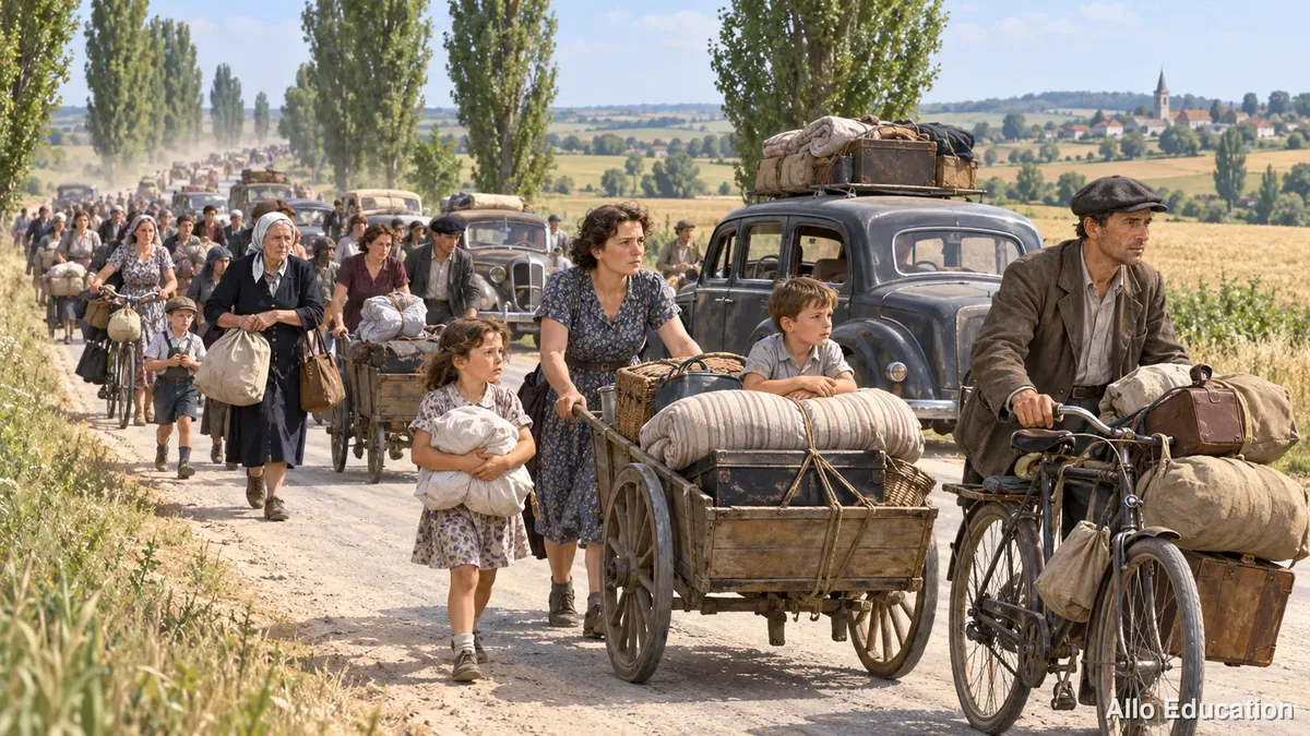 Des familles poussent charrettes et vélos chargés de bagages sur une route de campagne bordée de peupliers.