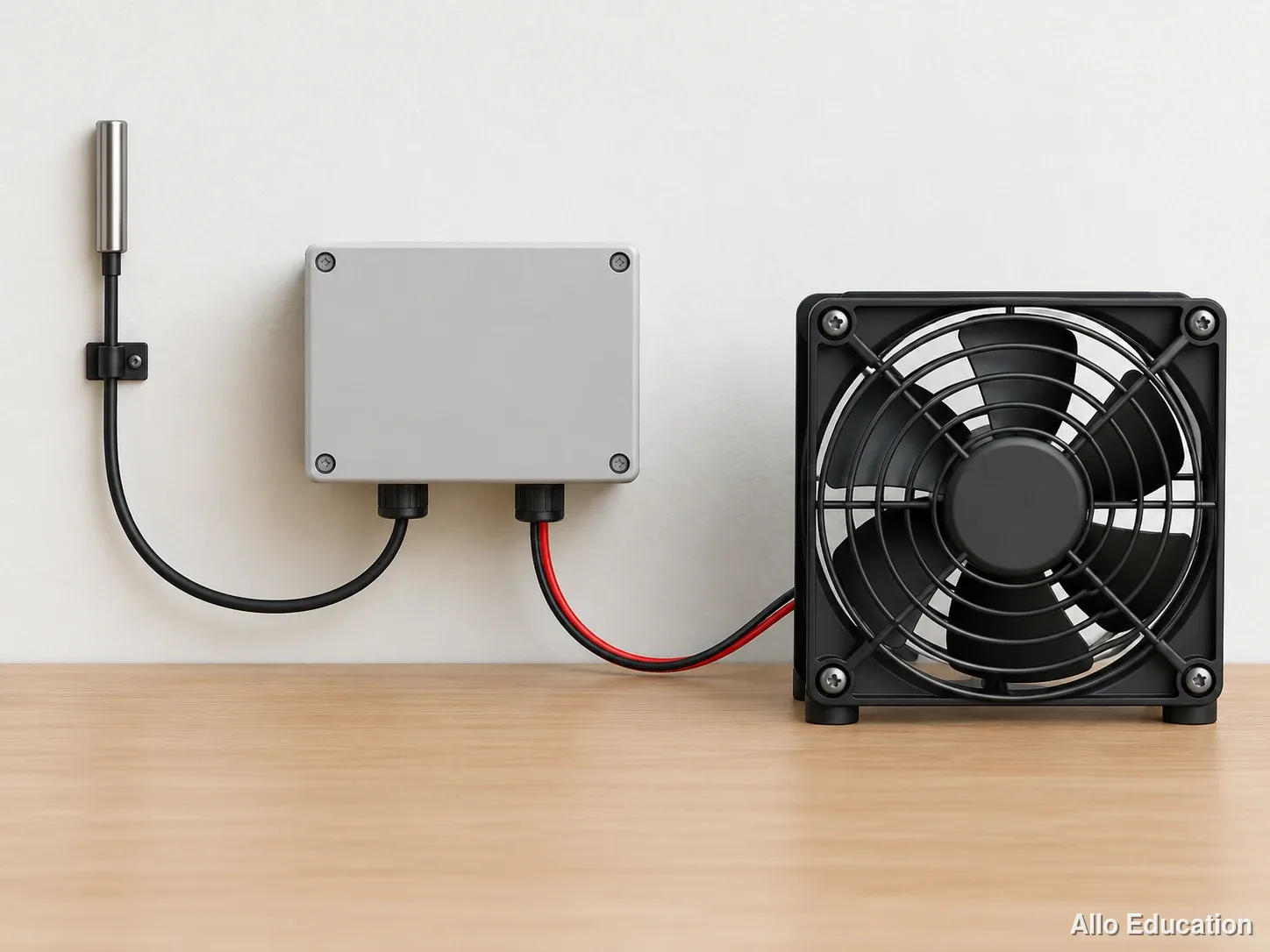 Une sonde est reliée à un boîtier, lui-même relié à un ventilateur.