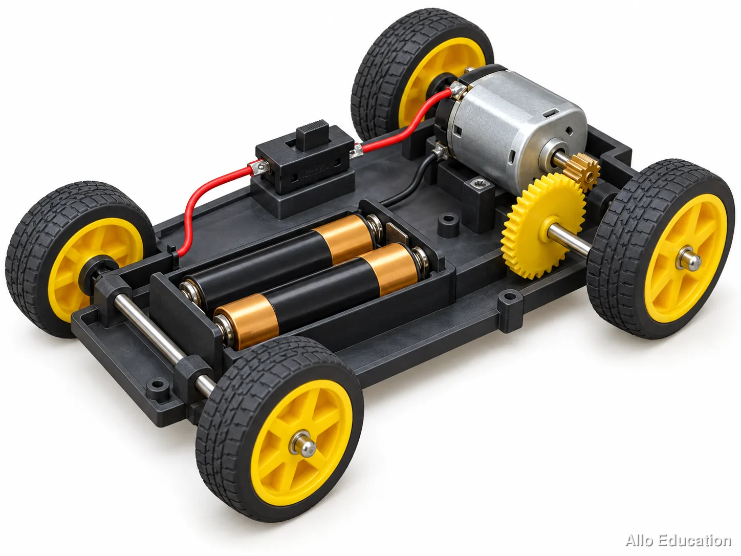 Maquette avec batterie, moteur et engrenages reliés aux roues.