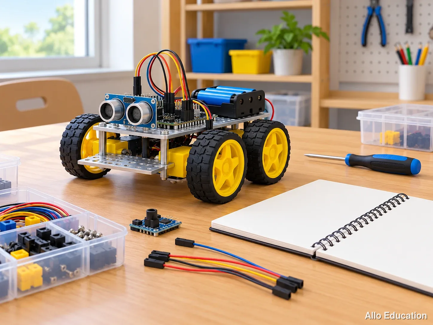 Petit robot pédagogique posé sur un établi pour observation.