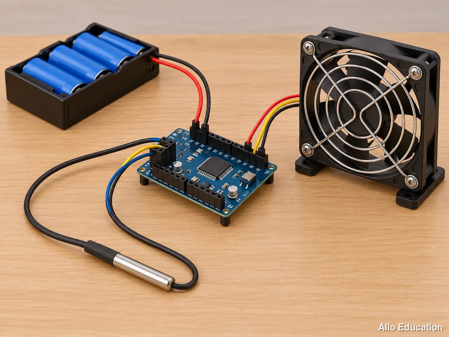 Carte programmable, sonde et ventilateur de maquette reliés.