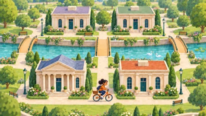 Une courrière en orange à vélo transporte un document entre quatre petits palais crème, dans un parc traversé par une rivière.